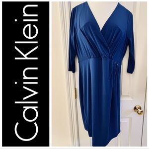 Calvin Klein Dress 14 Blue Midi Faux Wrap 3/4 Sleeve business office event comfy